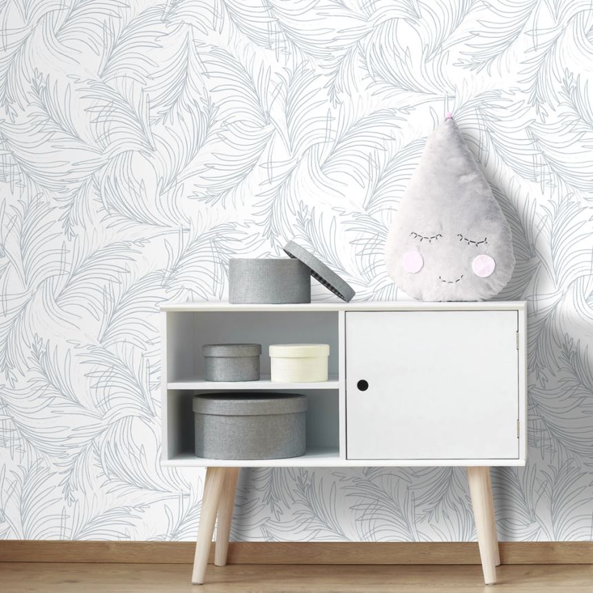 White-blue non-woven wallpaper palm leaves 6507-1, Batabasta, ICH Wallcoverings