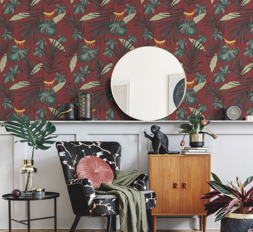 Turquoise non-woven wallpaper, leaves, monkeys 6502-1, Batabasta, ICH Wallcoverings