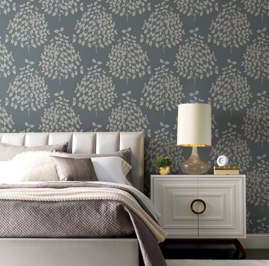 Dark gray non-woven wallpaper, twigs, leaves OS4255, Modern nature II, York