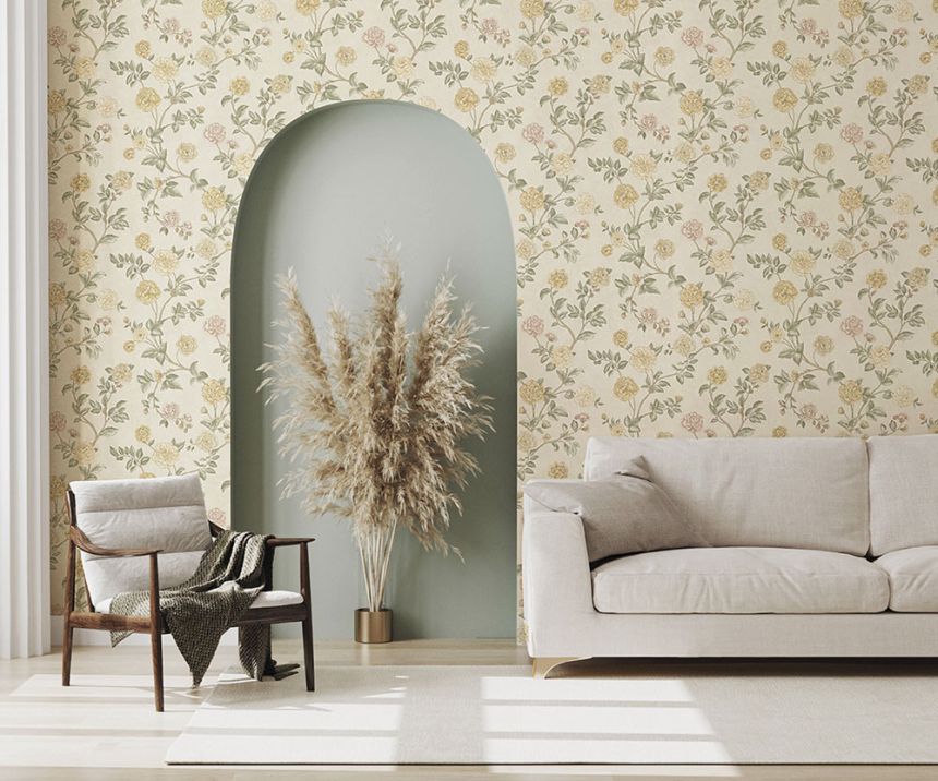 White non-woven floral wallpaper, Z66805, Satin Flowers, Zambaiti Parati